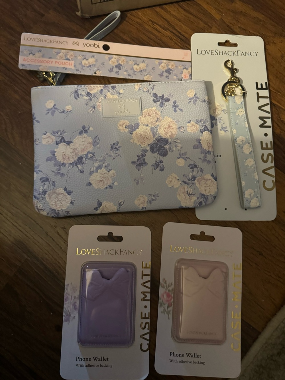 LoveShackFancy Light Blue Floral Zip Wrist Pouch with Matching Strap Bundle